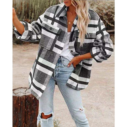 Long-Sleeve Loose Plaid Thickened Wool Jacket